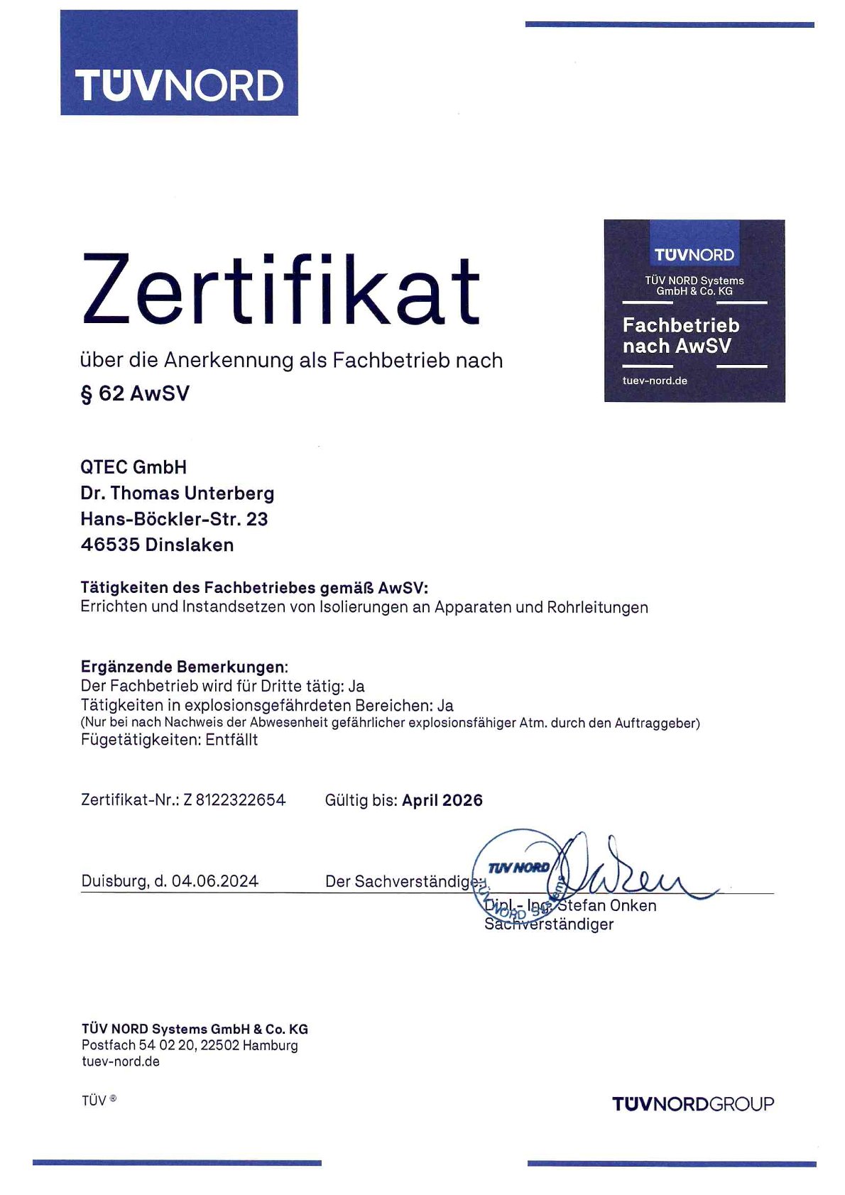 QTEC GmbH - WHG-Zertifikat 2024 gültig bis 2026